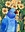 Bright blue parrot surrounded by yellow hibiscus 