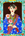 A Japanese woman wearing a kimono and holding a spray of camellias stares at the viewer. She is bordered by a lead light window design. 