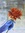 A blue latex gloved hand holds out an orange gerbera. The background implies medical graphs.