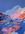 Abstract brushes of pink and peach mix through a royal blue background, as a swimmer dives through the colours, shadow and light rippling on their skin.