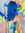 Abstract marks in blue, yellow and green with a figure facing away from the viewer. The figure has blue hair.