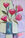 Stylized pink tulips in a turquoise blue vase. Multiple layers of stencilling and texture have been added to pastel green and lilac background to create interest and movement.