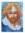 Orange and blue impressionist image of a Renaissance figure looking directly at the viewer