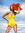 A beautiful woman in a yellow swimsuit is shaded by a big red hat  on a still water background. 