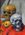 Original oil painting of two skulls and fruit on an orange tablecloth