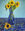 Golden yellow sunflowers in blue glass vase kept on a patterned table cloth   