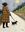 A naive style painting of a lady wearing a long ochre chequered patterned coat. She is walking a black dog on a lead along a long winding white path. There is foliage and skinny black trees on each side of the path and the sky is grey with a very pale ochre sun.