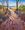 Bush path with grasses and trees. Shadows crossing path. Two figures walking towards a boardwalk near the river beyond.