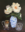 Still life painting of white roses in blue and white vase with antique jug and crystal bowl.