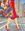 A vibrant painting of a woman crossing a city street wearing a brightly coloured red dress with splashes of rainbow coloured pattern down the side.  