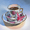 A small realistic painting of a tea cup set. The small tea cup is sitting on two levels of tea plates. The tea set is decorated with ornate pink roses. Inside the tea cup is brown colored tea with a teabag infusing in the liquid. The string from the teabag connects to a pink origami butterfly, leaning against the teacup and plates. The background shows shadows made from two light sources hitting the tea cup set, a neutral mix of blues, pinks, yellows and whites. 