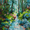 small blue and green impressionist style river in a forest scene.