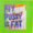 Bright green painted background  with a white cat and yellow sheet pasted on top, centred. The cat's eyes are cut out and replaced with orange cardboard, the pupils filled with glitter. In purple let aligned it reads "MY PUSSY IS FAT" in large letters across the artwork.