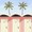 3 bright pastel pink beach boxes with yellow & white vertical striped doors are lined up in a row, against a clear blue sky, with 2 palm trees poking their heads out from the background, above the beach boxes. The pink walls of the beach boxes are created using a sandy textured paint, adding an inviting tactile element to the painting.