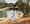 Woman in long dress standing on river bank looking at river reflections and ducks