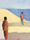 Two figures walking on a beach