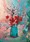 An expressionist painting of cherry blossoms in a turquoise vase.