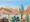 Neutral and green toned landscape, hills and mountains with colourful patterns, scattered with different types of cacti, saguaro cacti, blue sky, pretty hills , desert scene