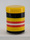 Glass cylinder with yellow, red, white and black stripes, plus a yellow 'lid,' resembling a stylised Vegemite jar. 