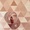 neutral tone painting of a glass bottle from a top down angle sitting on a triangle pattern tablecloth