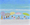 A thickly textured beach painting with a row of colourful umbrellas and people relaxing beneath.