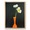 A painting of an orange vase, holding two white poppies, set against a black background. 