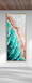 ABSTRACT painting that gives the impression of soothing ocean waves crashing row after row in to  sandy beach like Byron Bay with the waves creating crests of white..  The intricate mosaic pattern within the tonal blue emerald green and teal and the glimmering metallics adds added interest and intrigue.
The closer you get to the painting the more of the interesting details and patterns you can see. Metallics add an extra depth because the painting changes personality when one views from different angles and in different light .
although it is an impressionistic abstract, it still has a sense of motion of waves moving and frothing white