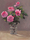 An informal bunch of hand picked pink roses on stems with dark green leaves. They are in clear glass vase which is sitting on a plain surface. The background is purpleneutral gray and the base is creamy neautral coloured