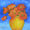 Still life oil painting of bright orange poppies in a yellow vase, with a blue background.