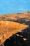 Bright orange and ochre areas of desert sand dunes. Large and small sections of black shadows. Rich and bright blue sky above. Energetic patterns/marks over the top.