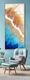 ABSTRACT painting that gives the impression of soothing ocean waves lapping in to soft sandy beach with slow easy waves creating crests of white..   The intricate mosaic pattern within the tonal greens. acquamarine and blue huesplus the glimmering metallics adds added interest and intrigue.
The closer you get to the painting the more of the interesting details and patterns you can see. Metallics add an extra depth because the painting changes personality when one views from different angles.
although it is an impressionistic abstract, it still has a sense of motion of waves moving and frothing white bubbling seafoam!