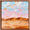 Blu, pink and peach cloudy sky with a peach and orange foreground of distant desert and tiny trees. 