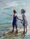 Two young girls stand knee deep in a sparkling ocean sharing a fishing rod.