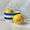 Blue-striped bowl containing one lemon, with another lemon beside it