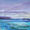 A seascape of mountains clouds drifting over an ocean. Highly textured  artwork in acrylic,