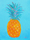 A thickly textured pineapple oil painting on a turquoise blue background