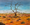 the vast landscape of the flat plains of the Australian Outback with orange to deep red earth under graded deep blue skies is a lonesome tree trying to survive in this remote and dry arid landscape which is scattered by mounds of salt bushes but pretty much nothing else