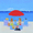 Beach painting with a family and their black labrador puppy relaxing under a red umbrella against a bright blue ocean.