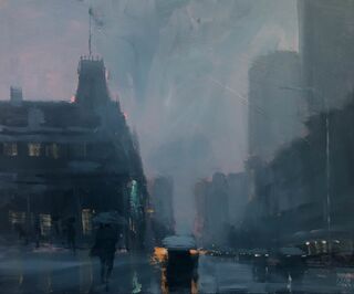 Moody rainy cityscape