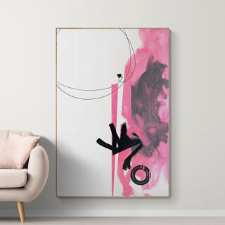 Large painting, a crisp abstract of white, pink, with black tones.