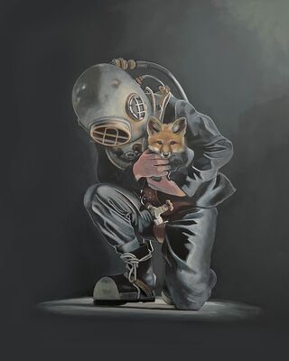 Portrait of man wearing vintage diving helmet carrying a baby fox.