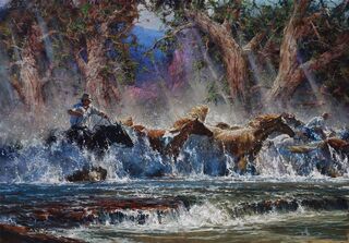 Magnificent impressionist Australian horse scene with splashing water and running horses!