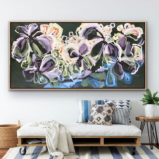 Beautiful flowers in expressive abstract style with big sweeping brushstrokes in purple, mauve, lilac, coral, milky coffee, terracotta, deep blue and sage green on an extra large canvas.