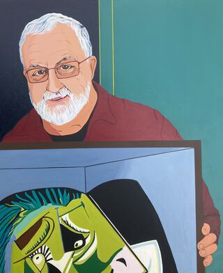 Portrait of man holding a Picasso painting against a green background