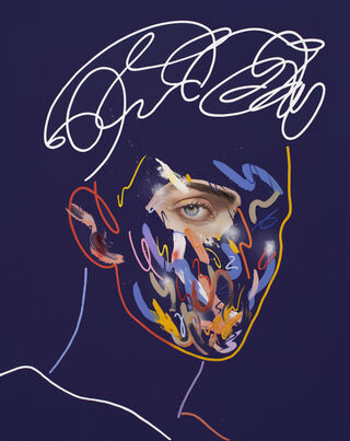 A blue background with a fragmented face in three-quarter profile. The eye is painted in detail while the rest of the face and hair is made up of abstract lines and gestures. 