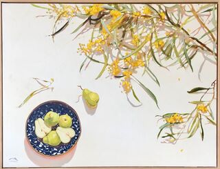 framed original oil painting featuring australian wattle mimosa and a bowl of pears with an aerial viewpoint