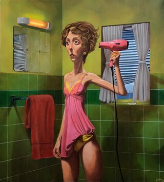 Girl in bathroom using hairdryer.