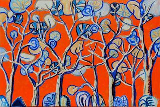 blue and white abstract style gum trees against a vibrant orange background