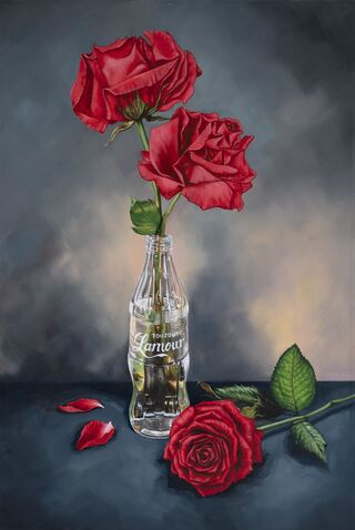 'Toujours Lamour (Love always)' is a still life painting  that features two red roses in a glass bottle. Another red rose lays on the ground to the right of the bottle. A single rose petal sits on the left of the bottle. The glass bottle is the classic Coca-Cola shape, but the typeface on the glass has changed to the words 'Tourjours Lamour' in the classic coke branded font. The backgrounds is a dark cloudy blue gray. 