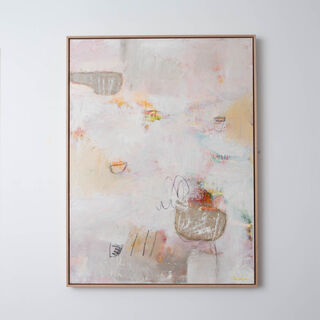 A large abstract painting on stretched canvas by Australian Artist Rose Hewartson, with a neutral background as the main colours.